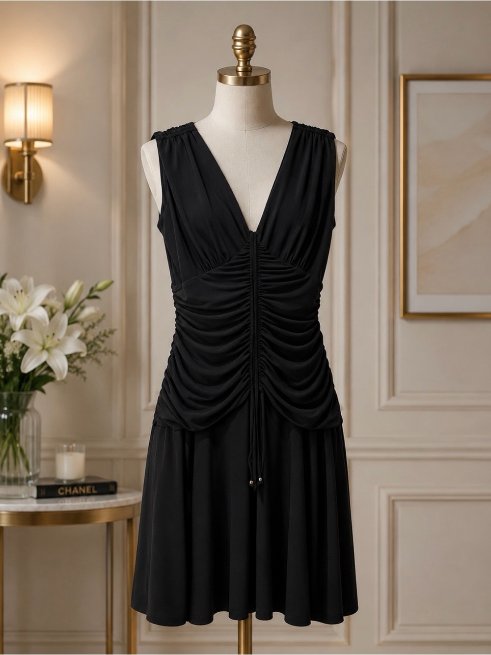White House Black Market Black Sleeveless Ruched V-Neck Midi Dress